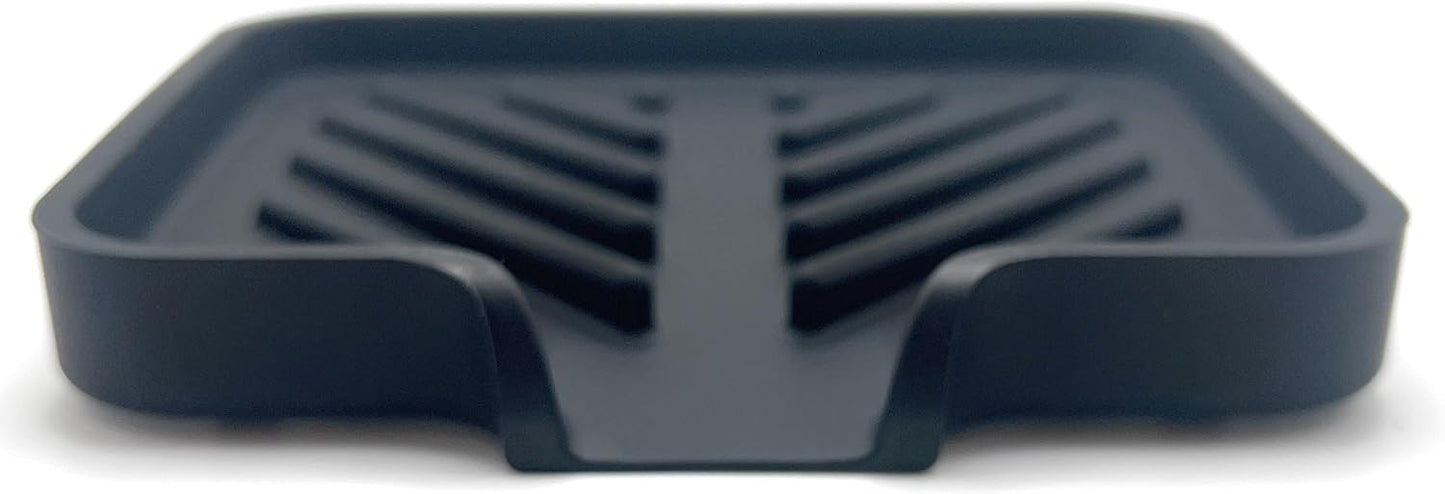 Silicone Soap Dish Tray and Sponge Holder with Drain Chute and Feet | 3-Way Sloped Design | Bathroom and Kitchen Sink Organizer Caddy (Black, 10"x4", 7.8 Ounces)