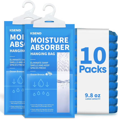 Ksend Moisture Absorbers 10 Pack, 9.8 Oz Compact Dehumidifier Bags & Packs, Moisture Hanging Bag, Humidity Absorbers, Closet Deodorizer Against Musty Odors, 11.8'' x 6.3''