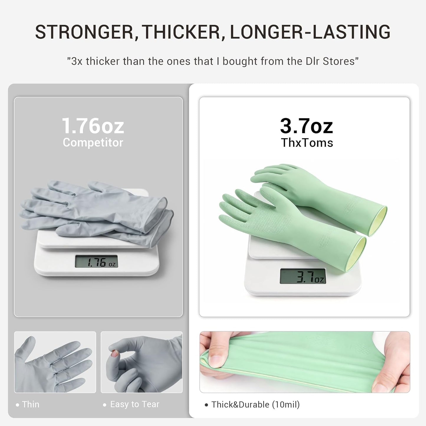 ThxToms 4 Pairs Reusable Dishwashing Cleaning Gloves,10 Mil Thick, 13" | Non-Slip Rubber Kitchen Gloves, Multi-Color, Ideal for Household, Bathroom, Pet Care & Gardening, Medium