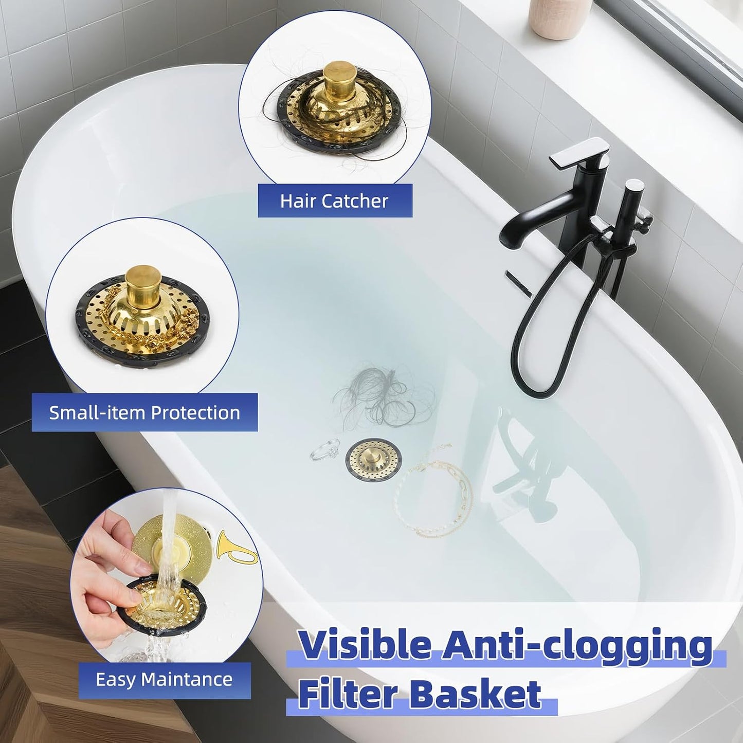 Universal Bathtub Drain Stopper Shower Drain Hair Catcher, Tub Stopper with Visible Top Strainer, Upgraded 3 in 1 Pop-up Drain Plug Fit for 1.5 to 2.4" Hole, Stainless Steel Filter Basket, Chrome