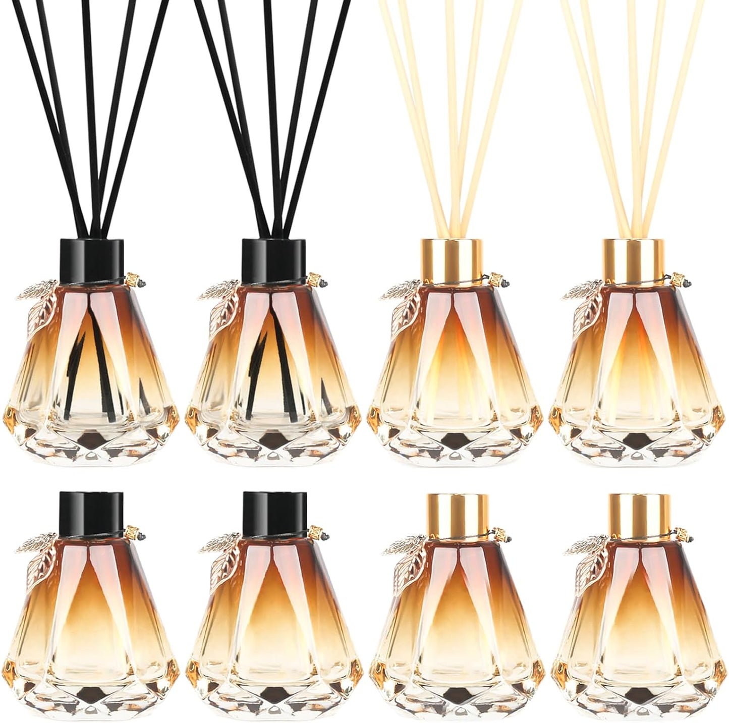 Reed Diffuser Set - 4 Empty Bottles with 20 Sticks, Delicate Gold Leaf Decor, Glass Fragrance Diffuser with Lids for Home, Bathroom | Refillable, Diamond Style (4 PCS Black)