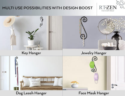 RTZEN Farmhouse Small Key Holder for Wall - Handcrafted Swirl Decorative 5 Key Hooks for Home Entryway - Wrought Iron Wall Mount Rack Purse Coat and Leash Holder or Organizer (Classic Black)