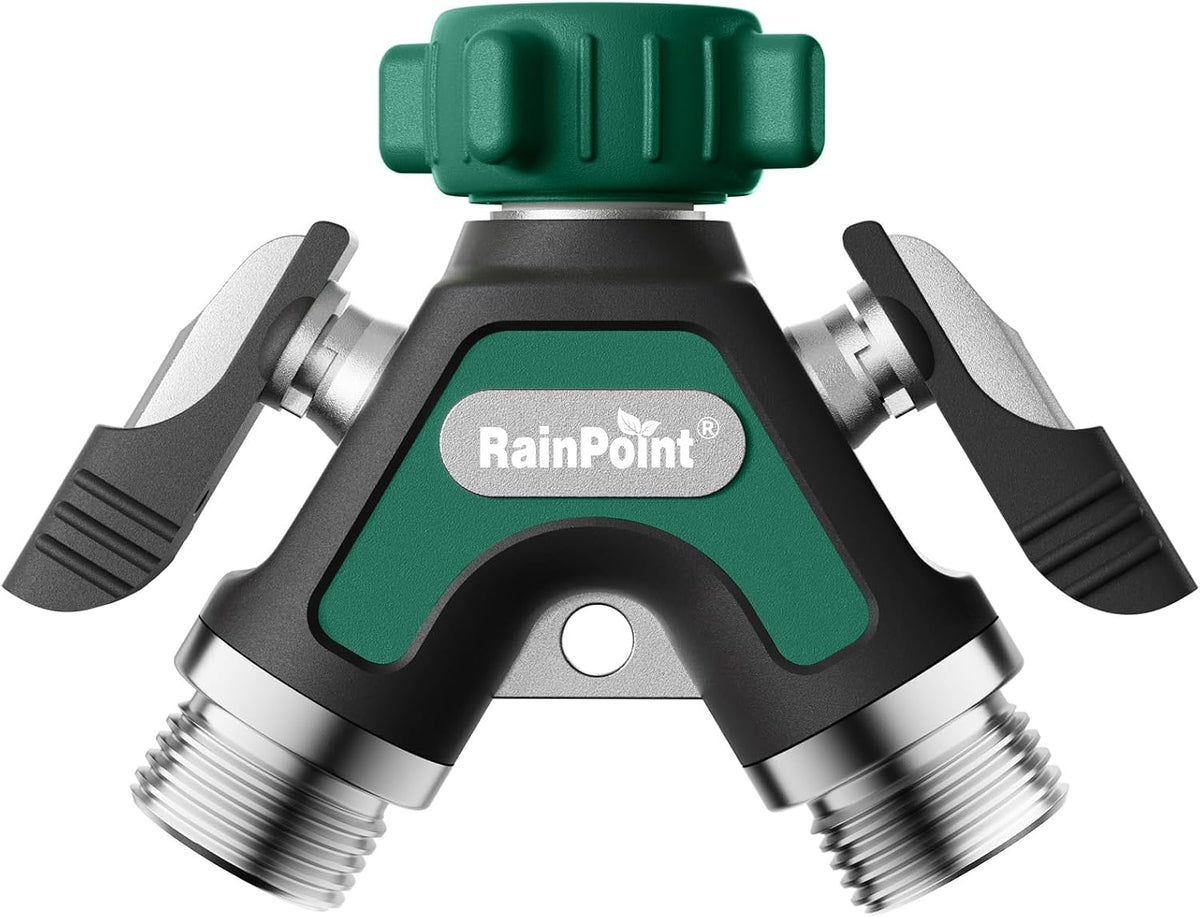 RAINPOINT Garden Hose Splitter 2 Way, All Metal Heavy Duty Water Hose Y Splitter With 2.05" Extra Long Side Handle & Shut Off Valves, 3/4 Inch GHT Thread Connector For Outdoor Spigot Faucet (Green)