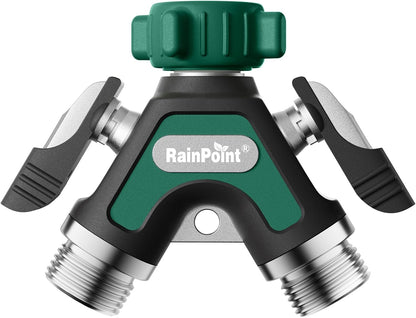RAINPOINT Garden Hose Splitter 2 Way, All Metal Heavy Duty Water Hose Y Splitter With 2.05" Extra Long Side Handle & Shut Off Valves, 3/4 Inch GHT Thread Connector For Outdoor Spigot Faucet (Green)
