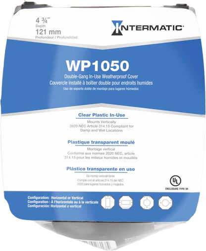Intermatic WP1020C 2-1/4” Deep Weatherproof Outlet Cover – UV Stabilized Clear, GFCI & Duplex, Vertical Mount, UL Certified – Fits Single Device Only for Larger Double-Gang 4” x 4” Boxes