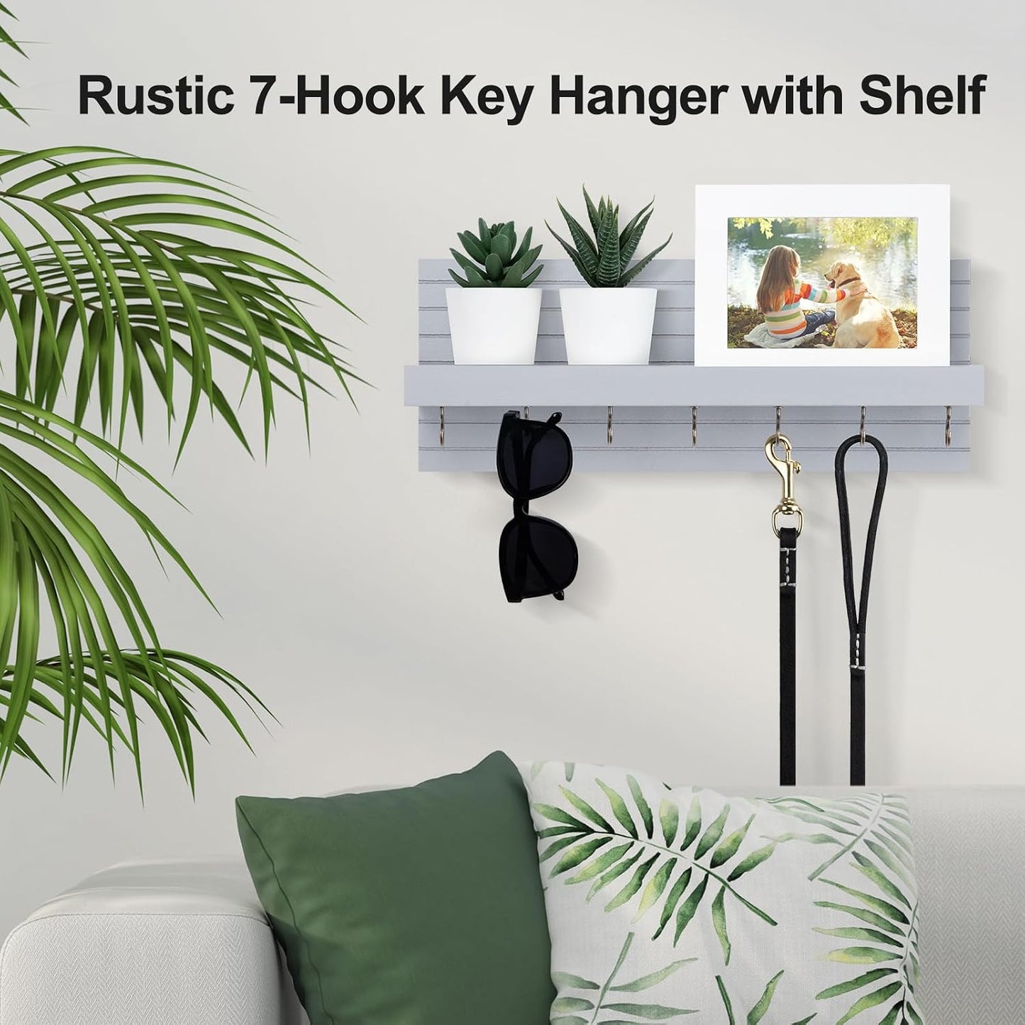 Lwenki Decorative Key Holder for Wall with Shelf, Entryway Shelf with Hooks Holds Leashes, Jackets and Glasses – Sturdy Wood Keyholder Entrance Hanger with Mounting Hardware (Black, Medium)