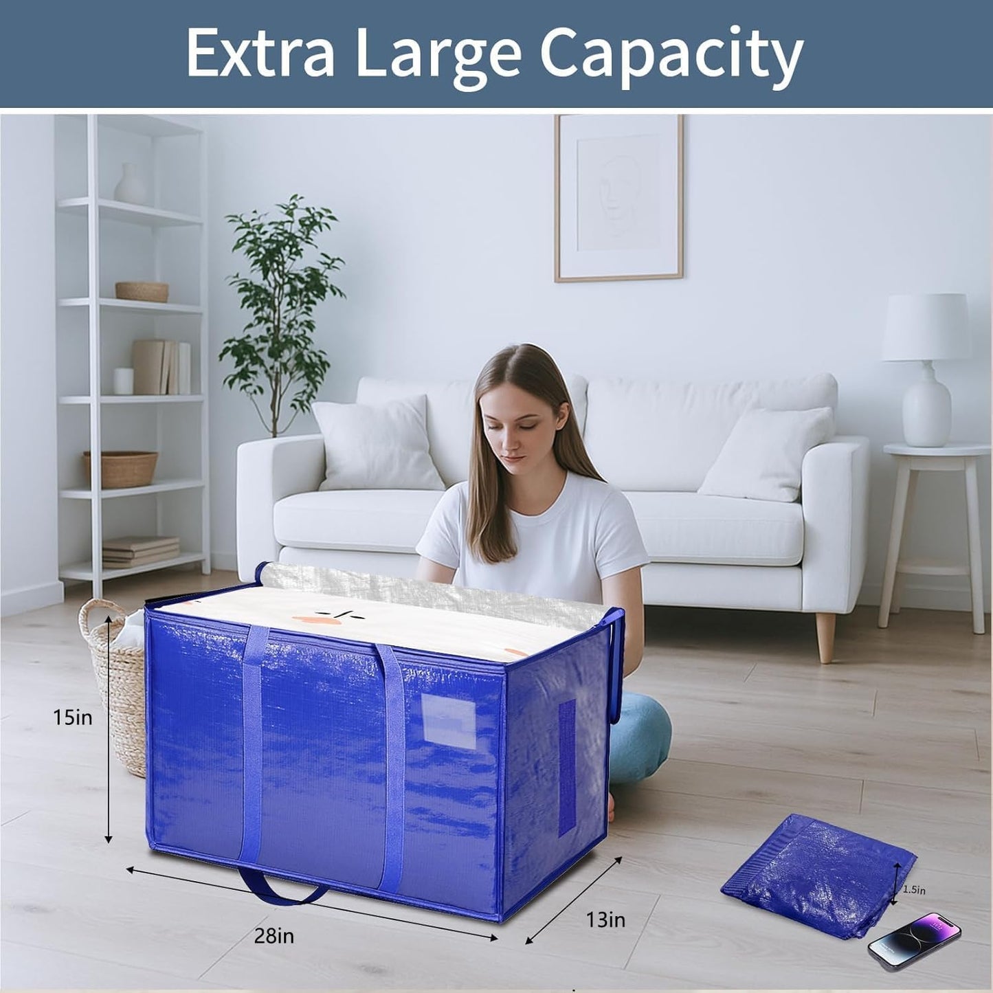 8 Pack-Extra Large Heavy Duty Moving Bags - Waterproof Storage Totes with Handles & Zippers, Foldable for College Dorm, Storage (Clear)