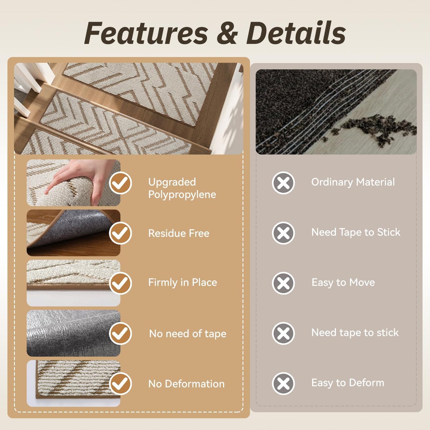 PADOOR Stair Treads Non Slip 15 PCS, 3D Peel and Stick Stair Treads for Wooden Steps Indoor, Residue-Free Adhesive Stair Runner for Kids, Elders & Pets, Washable Carpet for Stairs,8"x30",Brown