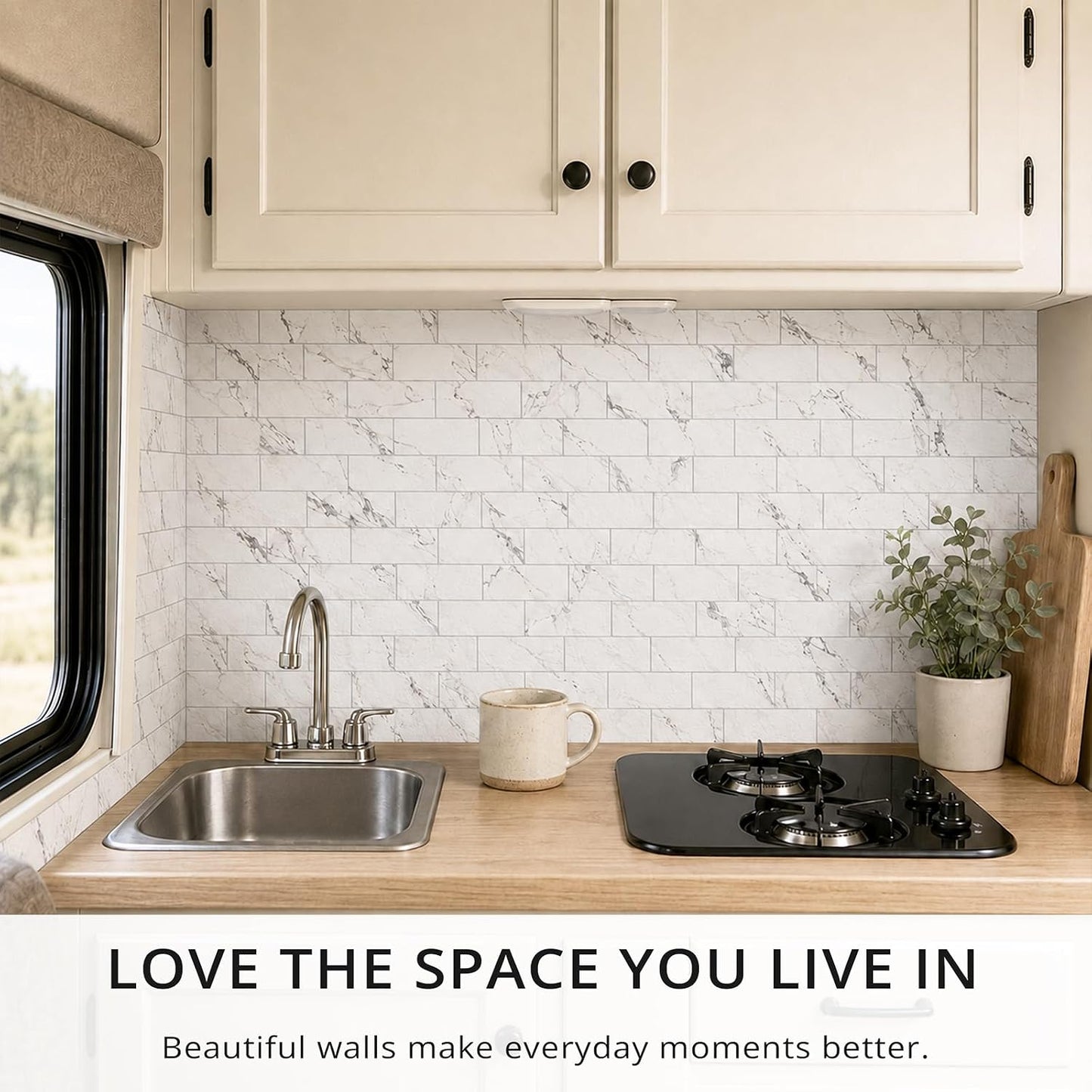 StyloVue 100 Pieces Peel and Stick Backsplash for Kitchen, 3" x 6" PVC Subway Tile, Glossy White with Dark Gray Grout, Self Adhesive Stick on Wall Tiles for Kitchen, Bathroom, Fireplace, RV