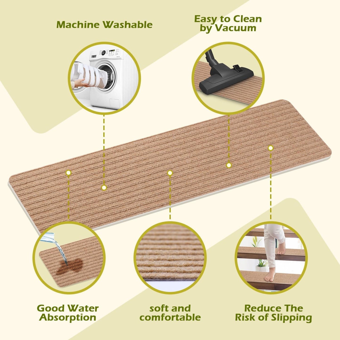 Stair Treads Non-Slip 16 Pack 8"x30" - Carpet Stair Runner for Indoor Wooden Steps with TPE Backing & Anti-Skid Surface, Reusable Adhesive Safety Rug for Kids/Elder/Pet-Friendly - Brown