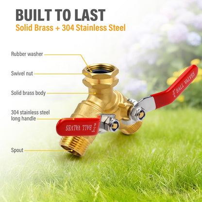 Hose Splitter 2 Way Heavy Duty, Full-Flow Brass Garden Hose Splitter with 304 Stainless Steel Long Handle, 3/4" GHT Faucet/Spigot/Hose Bib Connector, Outdoor Water Hose Splitter with Shutoff Valves