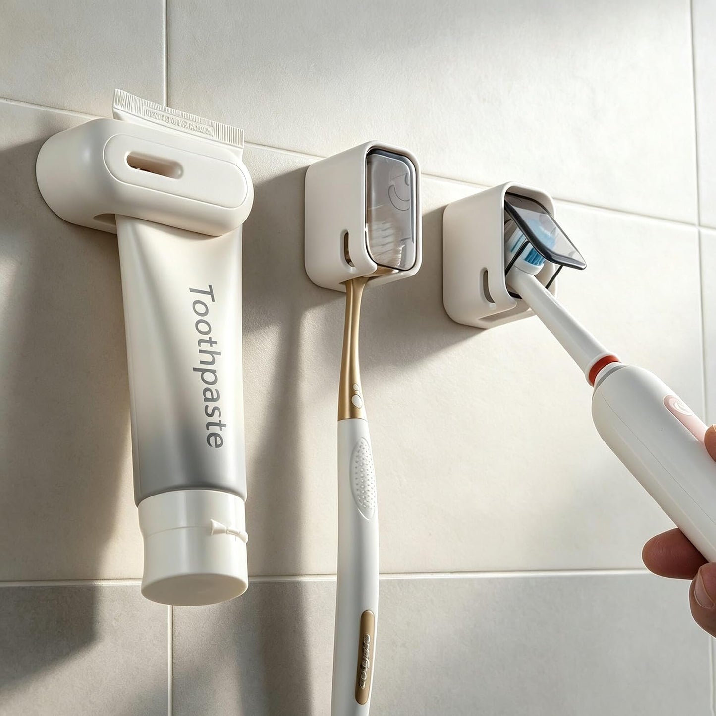 2PCS Toothbrush Holder Wall Mounted for Bathroom with Cover for Shower - with Toothpaste Clip - Single Slot Toothbrush Dispenser Storage Organizer for Travel with Detachable Design