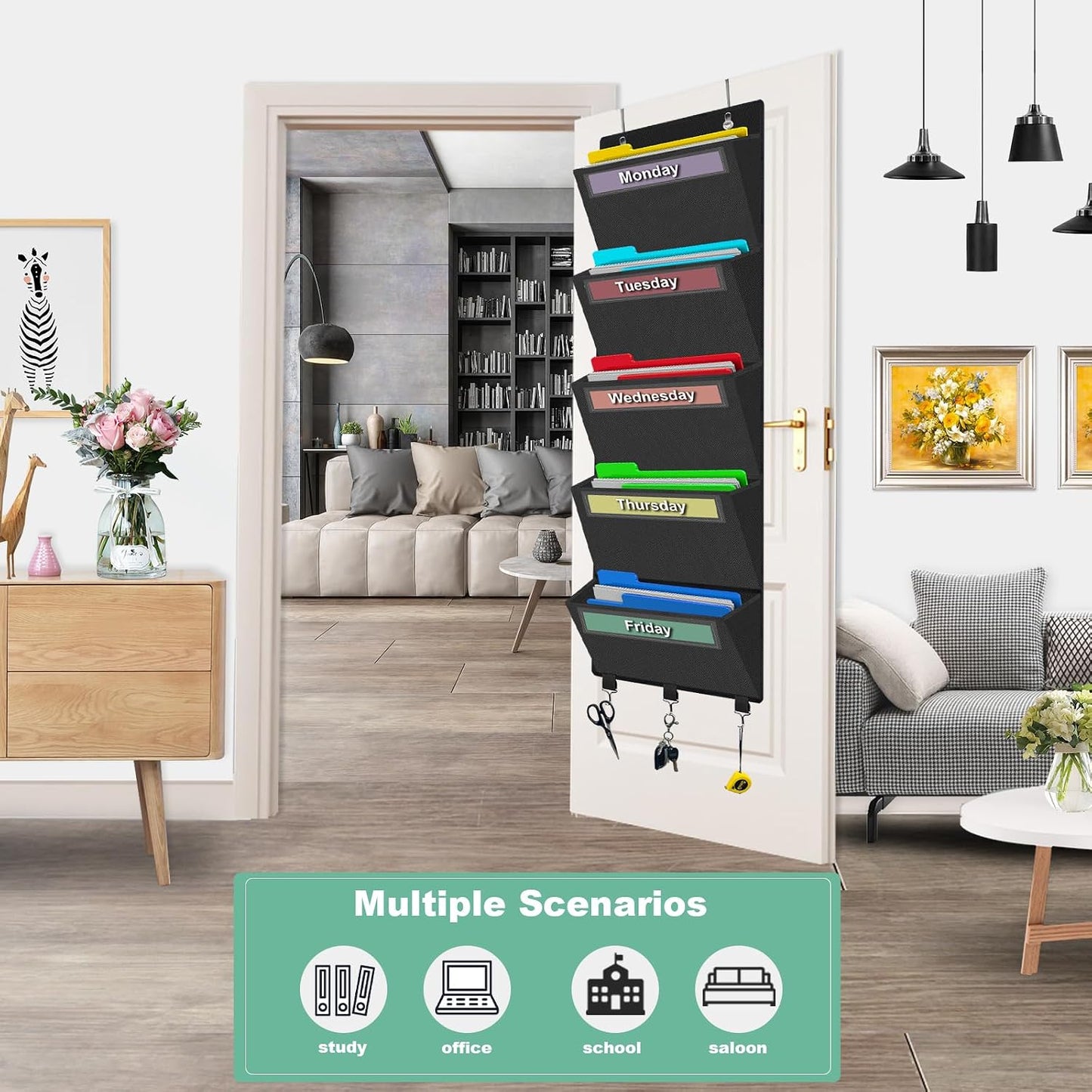 homyfort Over the Door File Organizer, Wall Hanging File Folders with 5 Large Pocket for Mails, Magazines, Back to School Supplies,Office Chart Storage, Paper Organization (Grey)