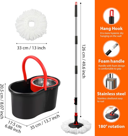 Spin Mop and Bucket with Wringer Set,360° Mop and Bucket System with One Microfiber Mop Refills and 50" Extended Handle for Floor Cleaning (Black)