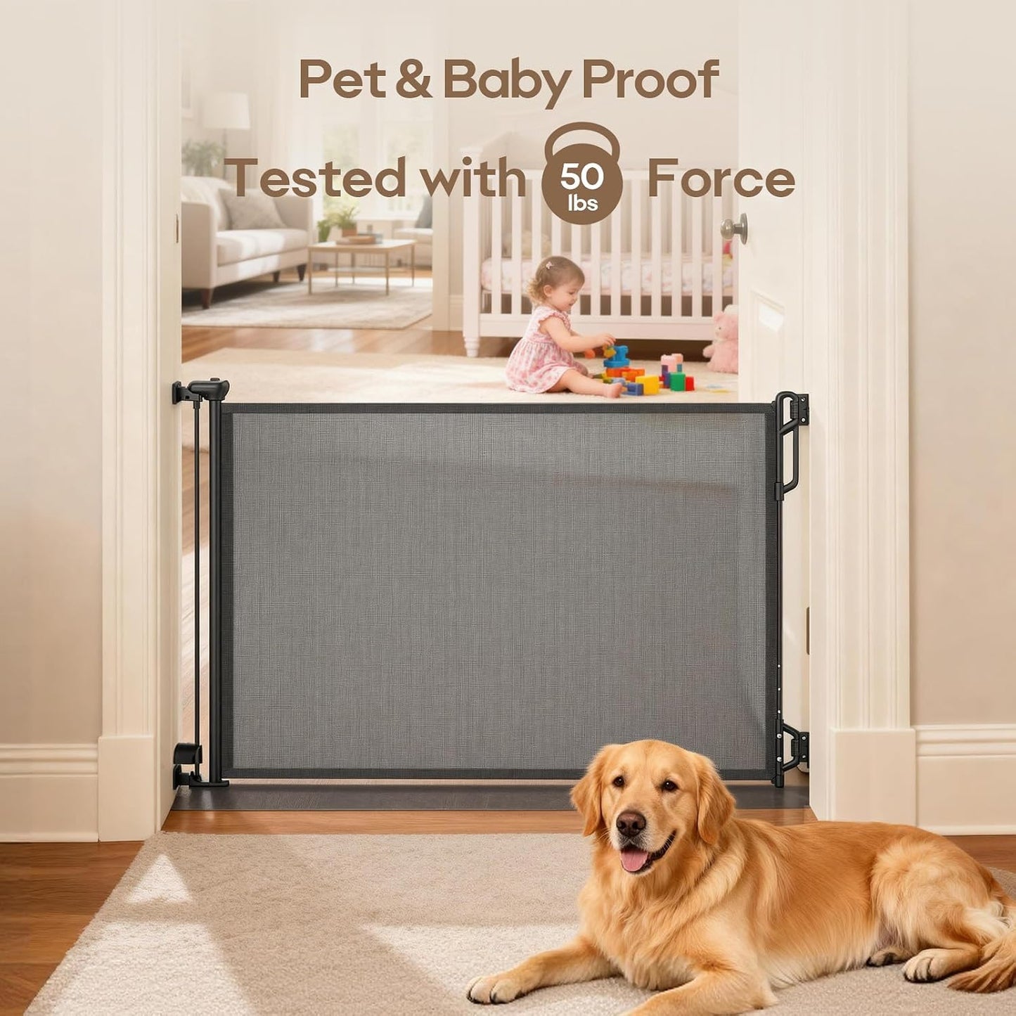 SPACEANY Retractable Safety Baby Gate or Mesh Dog Gate,Durable Portable Mesh Retractable Gate,Easy to Use for Stairs, Doorways, Hallways, Indoor, Outdoor, 33.5" Tall, Up to 45" Wide, Cream