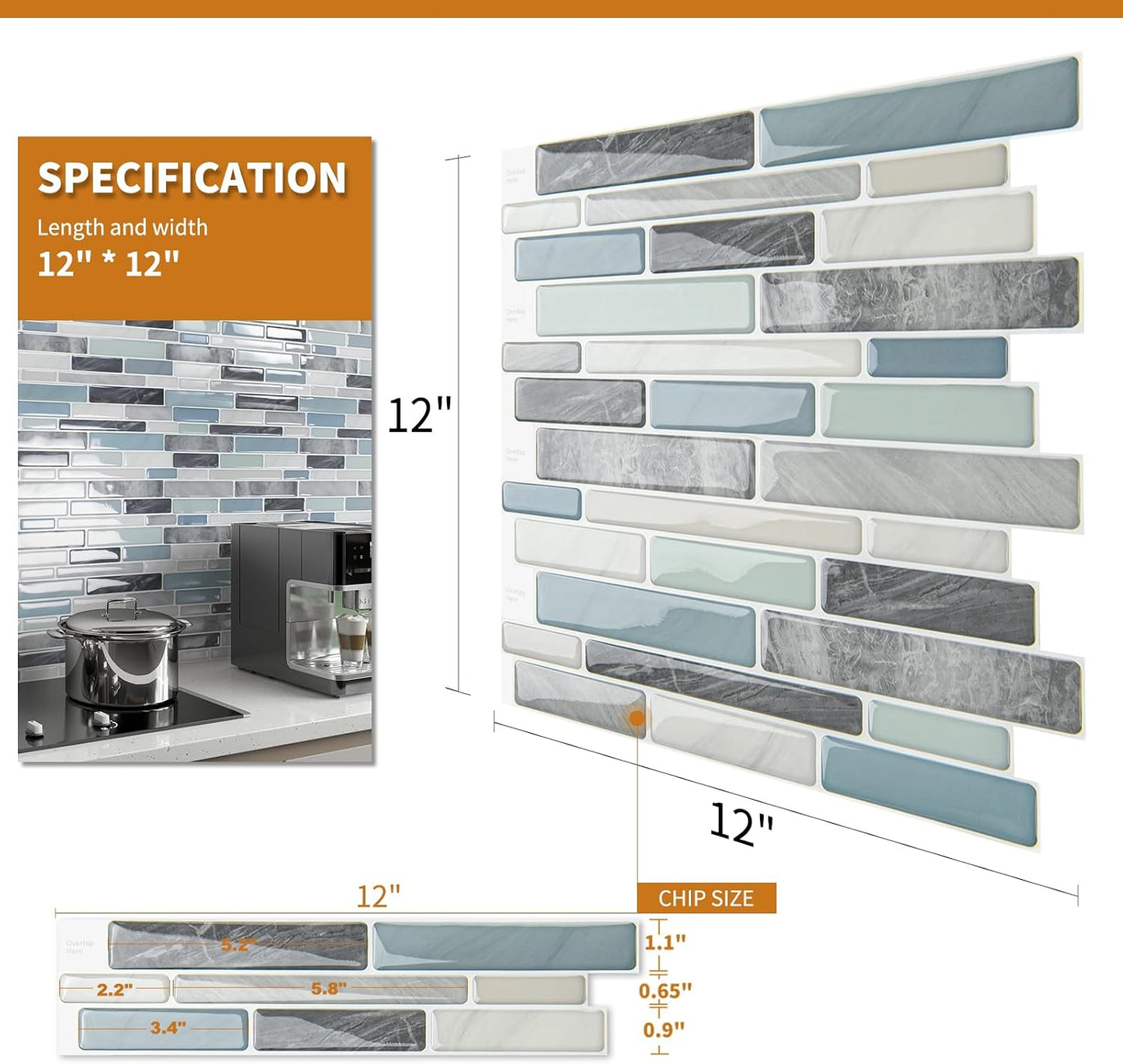 WOWSTAR 10-Sheet Peel and Stick Backsplash Tile for Kitchen, Back Splash Stick On Tiles for Kitchen Wall (Grey and Blue)