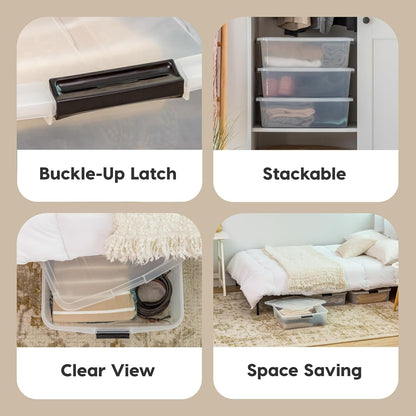 IRIS USA 33 Qt Plastic Under Bed Storage Organizer Bin Container with Secure Lids and Durable Black Buckles, Multi-Purpose for Clothes, Shoes, Clothing, and Bedding, Short, Clear, 3 Pack