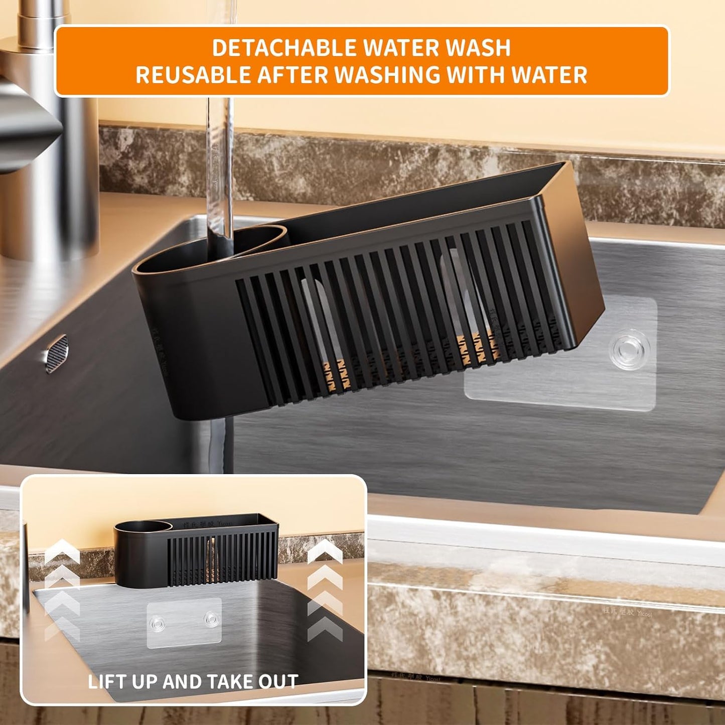 Sink Caddy & Kitchen Sink Organizer,Black Sponge Holder with High Scrub Brush Holder,Plastic Kitchen Countertop Organizer,Multifunctional Sponge Drain Rack,Dish Soap,Dish Sponge Holder,Soap Dispenser