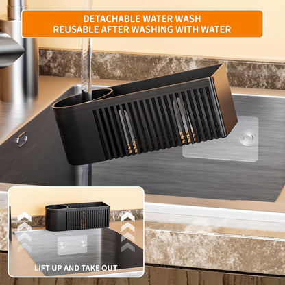 Sink Caddy & Kitchen Sink Organizer,Black Sponge Holder with High Scrub Brush Holder,Plastic Kitchen Countertop Organizer,Multifunctional Sponge Drain Rack,Dish Soap,Dish Sponge Holder,Soap Dispenser