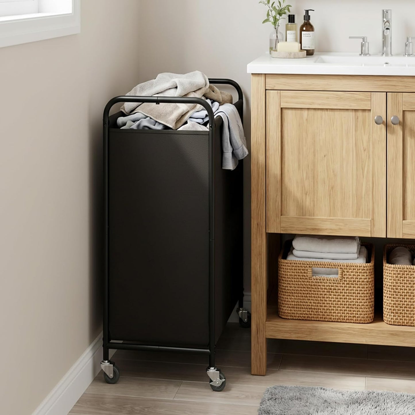 GRANNY SAYS 2 Section 130L Laundry Sorter, Large Laundry Hamper Basket with Wheels and Handles, Durable and Sturdy Rolling Cart for Laundry Room, Hotel, Bedroom, Beige