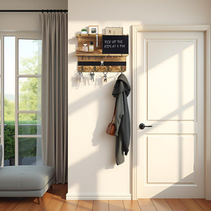 Key Holder for Wall Mount with Shelf and Mail Organizer, Key and Mail Holder with 16 Hooks, Farmhouse Entryway Organizer, Home Decor Rack (Pine Wood, Black)