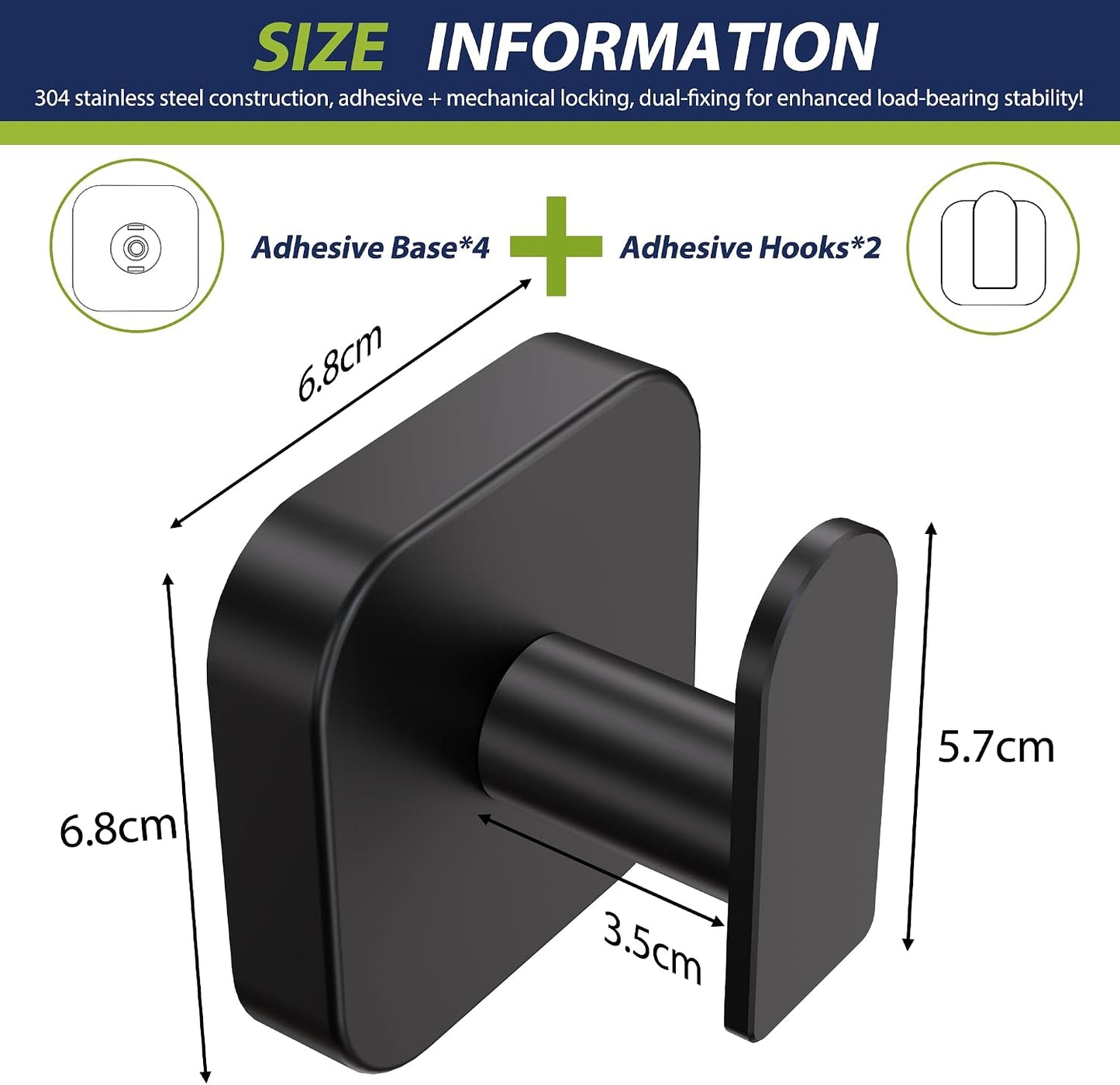 Aikzik Large Heavy Duty Wall Hooks - 26lb Max, Stainless Steel Replaceable Adhesive Towel Hook, Hooks for Hanging Towel, Coat, Sticky Towel Holder Stick on Bathroom, Shower, Kitchen, Black(2 Pack)