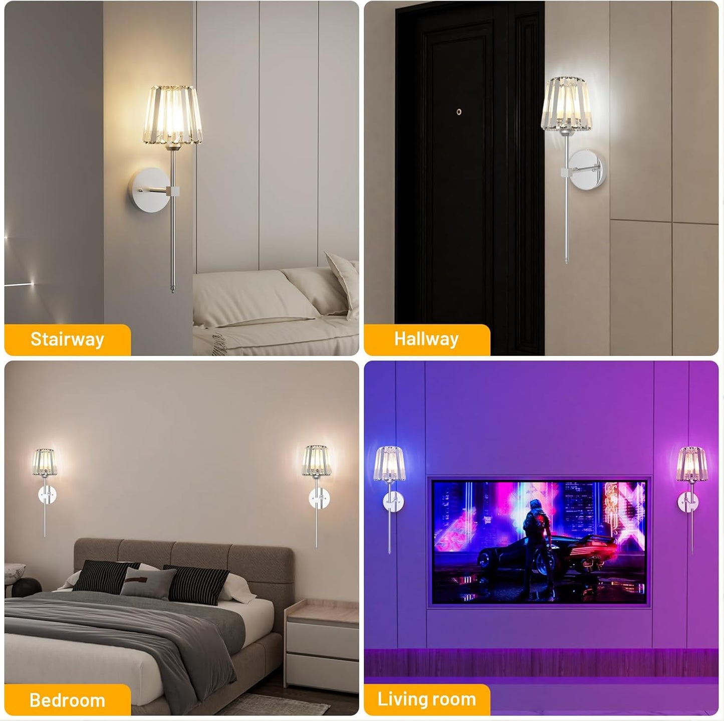 Crystal Battery Operated Wall Sconces Set of 2, Gold Rechargeable Wireless Wall Sconce Lights with Crystal Lampshade, 12 RGB and 3CCT Dimmable Wall Lamps with Remote for Bedroom Living Room Hallway