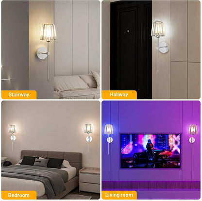 Crystal Battery Operated Wall Sconces Set of 2, Gold Rechargeable Wireless Wall Sconce Lights with Crystal Lampshade, 12 RGB and 3CCT Dimmable Wall Lamps with Remote for Bedroom Living Room Hallway