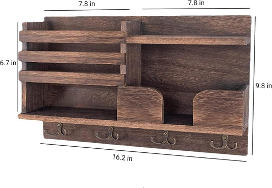Key Holder Wall Mount, Wooden Organizer Wall Mount with 4 Double Hooks and Wallet Holder, Sunglasses and Mail Storage Rack for Entryway or Mudroom - Brown