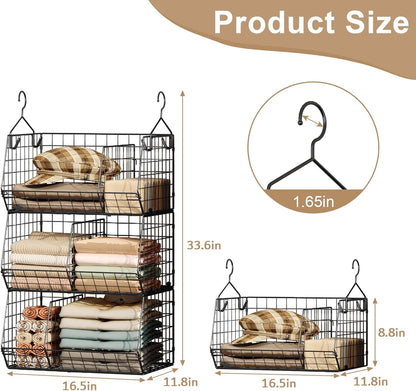 Jautokerdar 4 Tier Hanging Closet Organizer with Dividers,Extra Large Storage Hanging Shelf with 5 S Hooks 4 Dividers,Hang on Wire Closet Shelving Clothes Organizer-Black