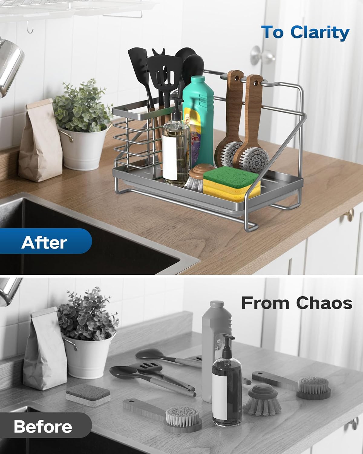Sponge Holder for Kitchen Sink, Kitchen Sink Caddy Organizer Stainless Steel with Side Baskets, Rustproof and Non-Slip Organizer with Removable Drain Tray for Countertop Storage, Silver