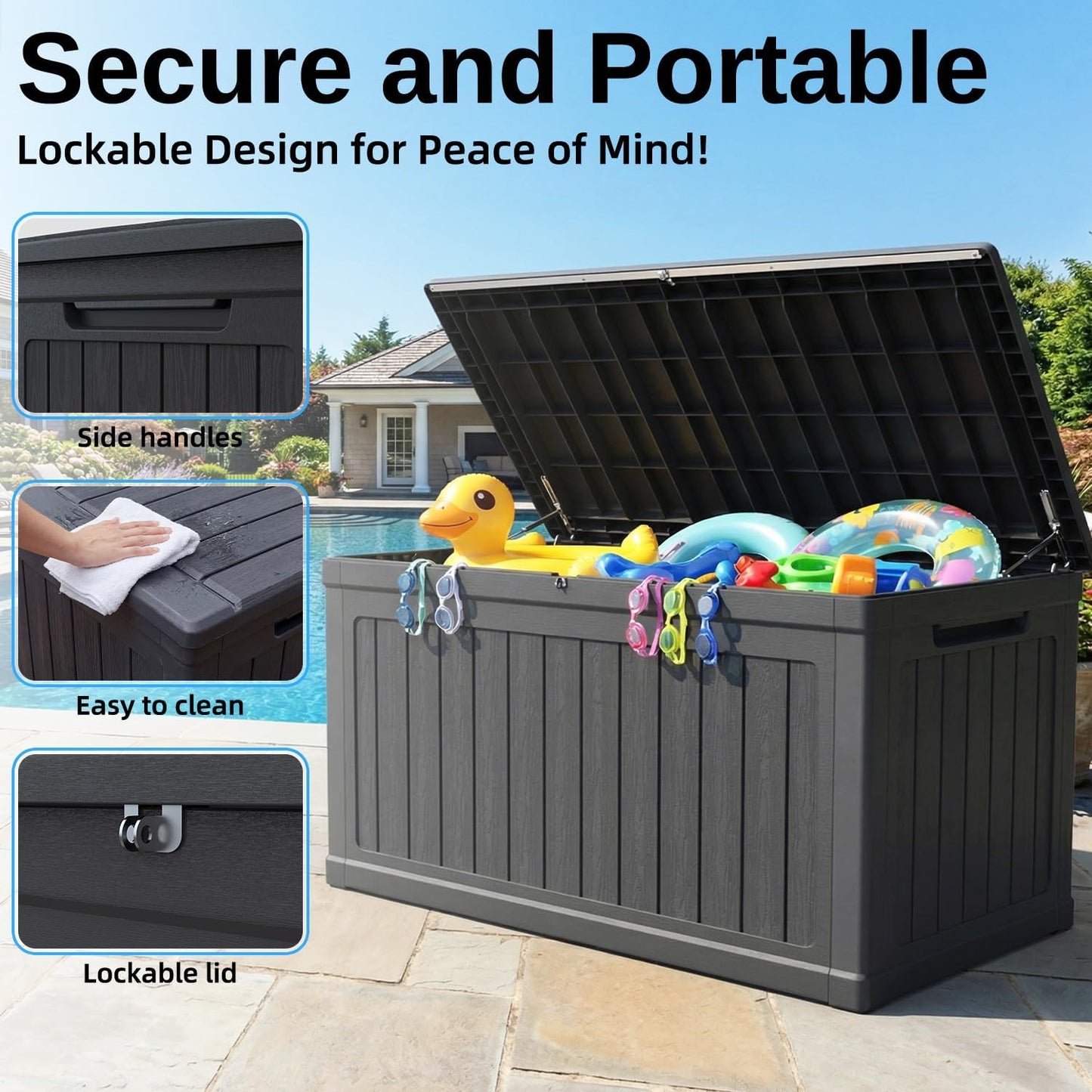 200 Gallon Deck Box, Resin Outdoor Waterproof Storage Box, Lockable Storage Box With Handle for Patio Furniture - Garden Tools - Swimming Pool Tools UV Resistant, Black