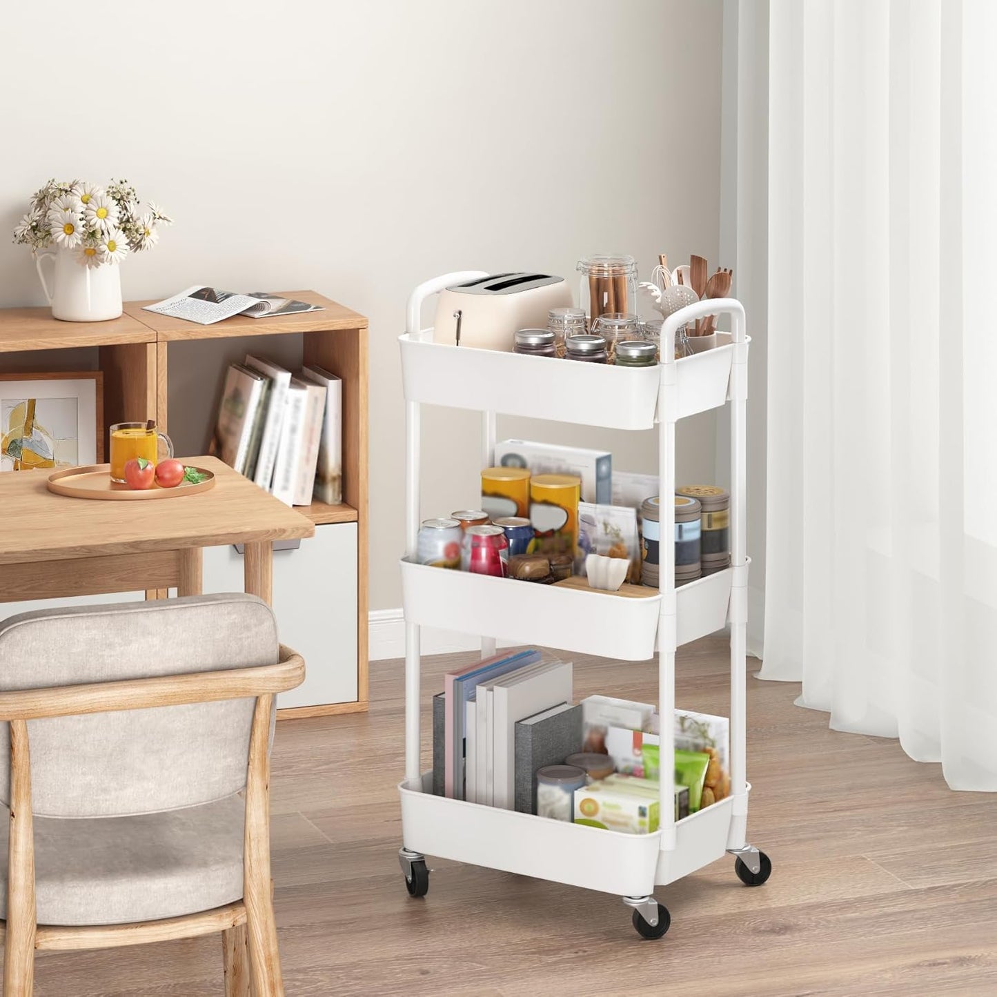 Sywhitta 4-Tier Plastic Rolling Utility Cart with Handle, Multi-Functional Storage Trolley for Office, Living Room, Kitchen, Movable Storage Organizer with Wheels, Black