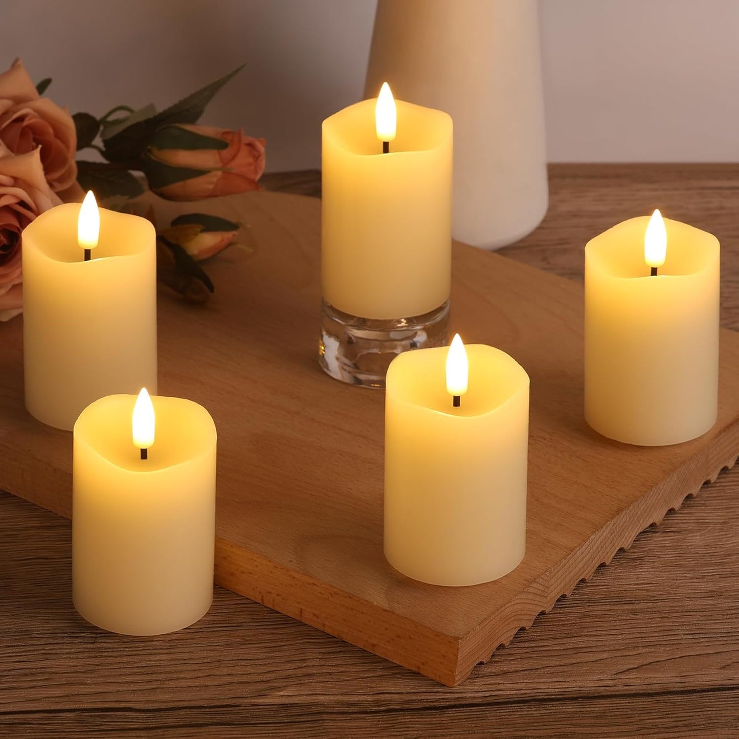 Ivory Flameless Votive Candles with Remote Batteries, Small 2x3 inch LED Wax Pillar Candles Flickering Set of 6