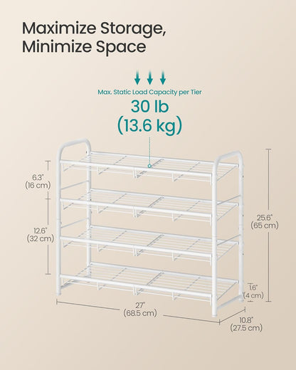 SONGMICS Stackable Shoe Rack, 4 Tier Metal Shoes Rack Storage Shelf, Holds up to 16 Pairs Shoes, Adjustable Slanted Shelves Shoe Tower Organizer for Closet Entryway Small Spaces, Black