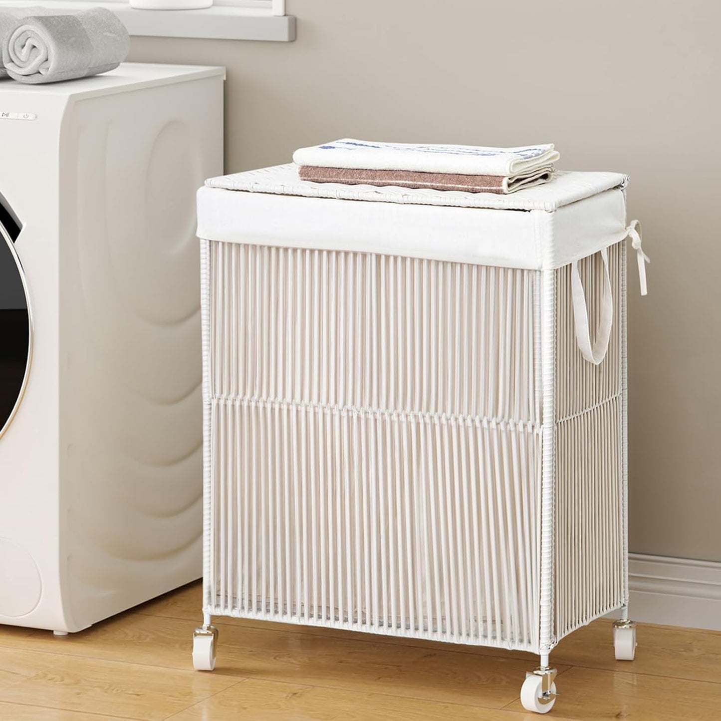 WOWLIVE Laundry Hamper with Wheels, 160L Handwoven Rolling Laundry Basket 3 Section with Lid, Clothes Hamper with Removable Liner Bags, Large Capacity Laundry Sorter Laundry Room Organization, Natural