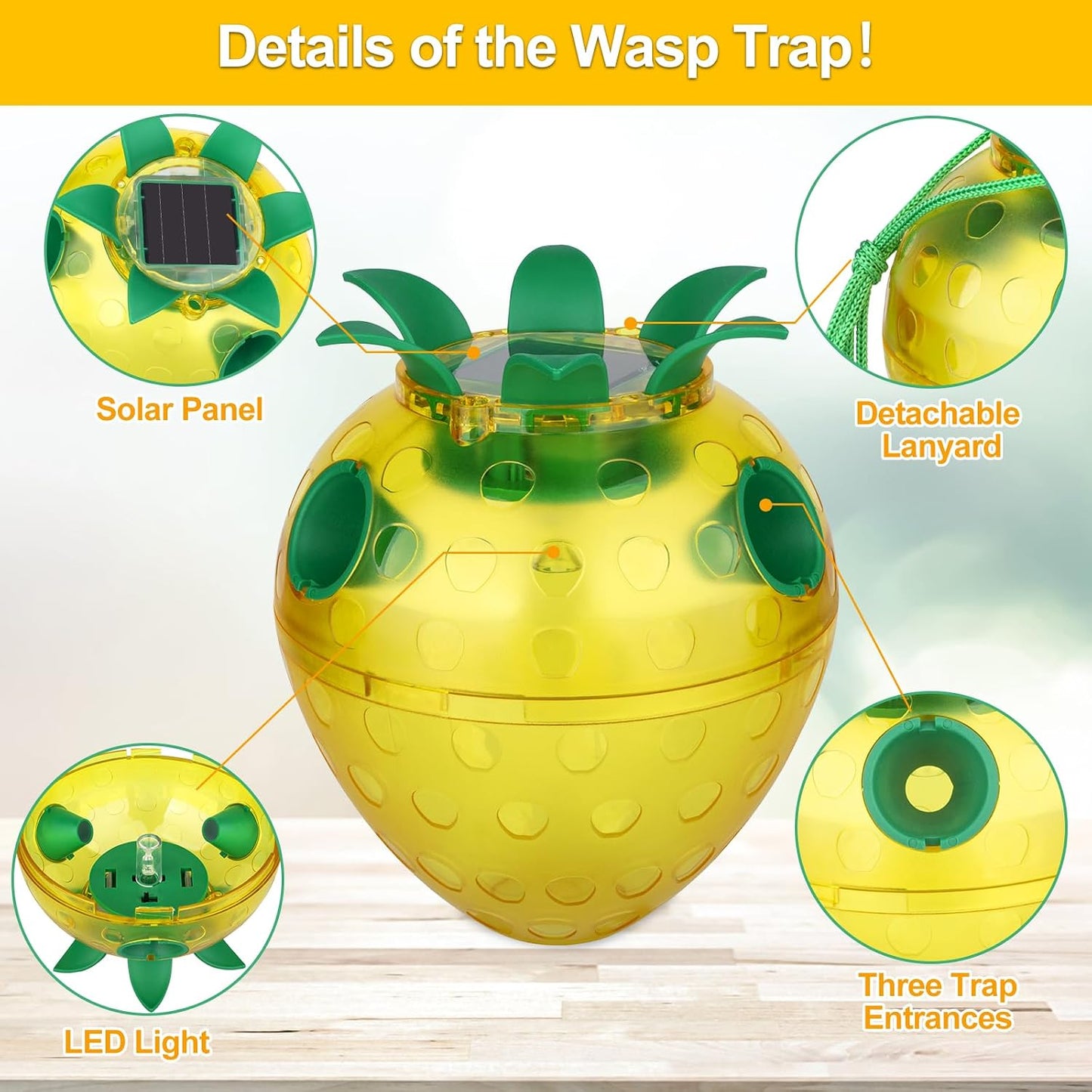 Solar Power Wasp Traps Outdoor Hanging, Yellow Jacket Trap with LED Light for Trapping Hornet, Non-Toxic Reusable Wasp Catcher for Outdoors Trapping Hornet 20250816
