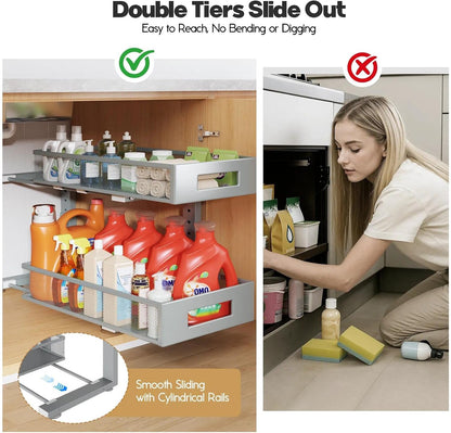 Under Sink Organizer, 2-Tier Dual Pull Out Cabinet Organizer Drawers With Smooth Circular Rail, Large Capacity Metal Mesh Sliding Shelves For Bathroom& Kitchen Storage,Height Adjustable–White,2 Packs
