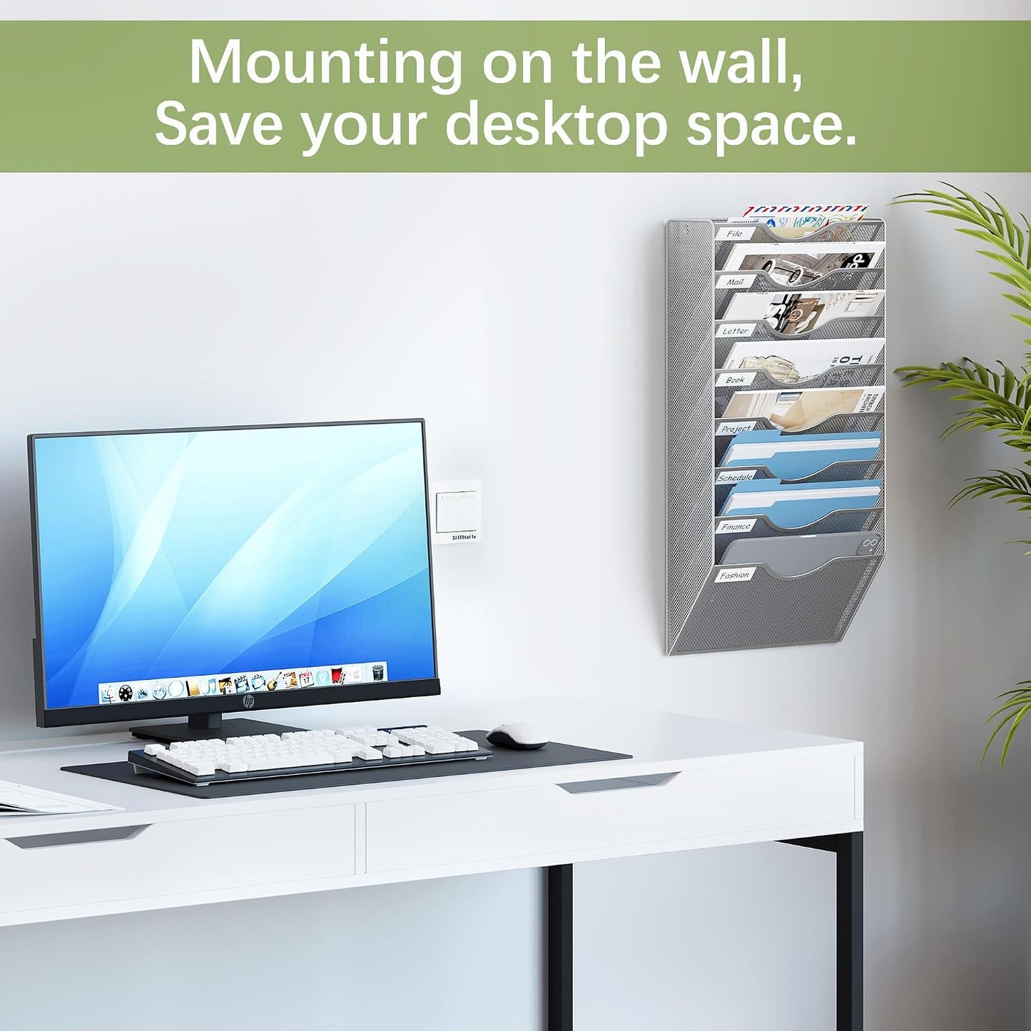 EasyPAG 5 Pocket Mesh Wall File Organizer with Key Hooks, Hanging Paper Folder Holder with Classify Label, Vertical Wall Mount Mail Organizer for Office Home Classroom, Black