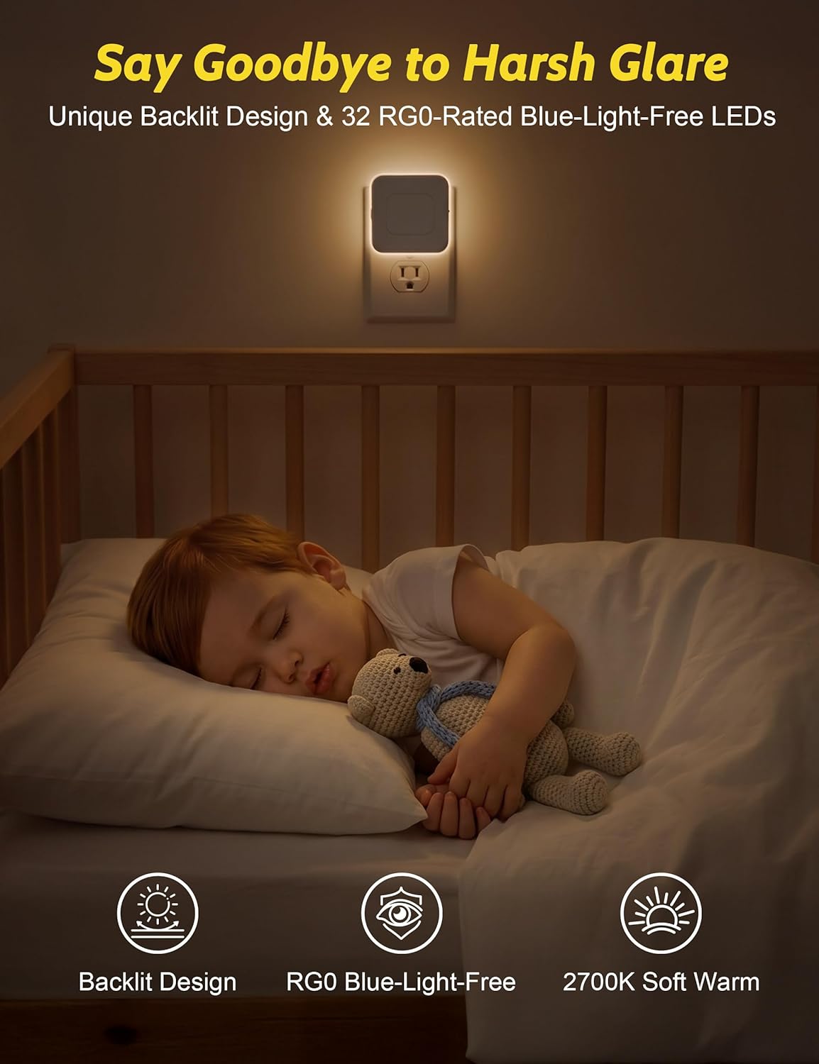 Sujeet Motion Sensor Night Light, Dimmable Plug in LED Nightlight 1-80lm Adjustable Brightness, 4 Pack Warm White with Dusk to Dawn Sensor & Backlit, Wall Night Light for Bathroom, Hallway, Stairs