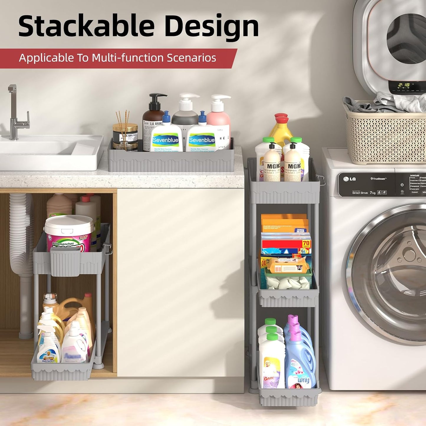 Sevenblue 4-Pack 2-Tier Under Sink Organizer with Pull Out Drawers | Multi-use kitchen & bathroom storage. Includes hanging hooks and cups. Black, space-saving cabinet design.