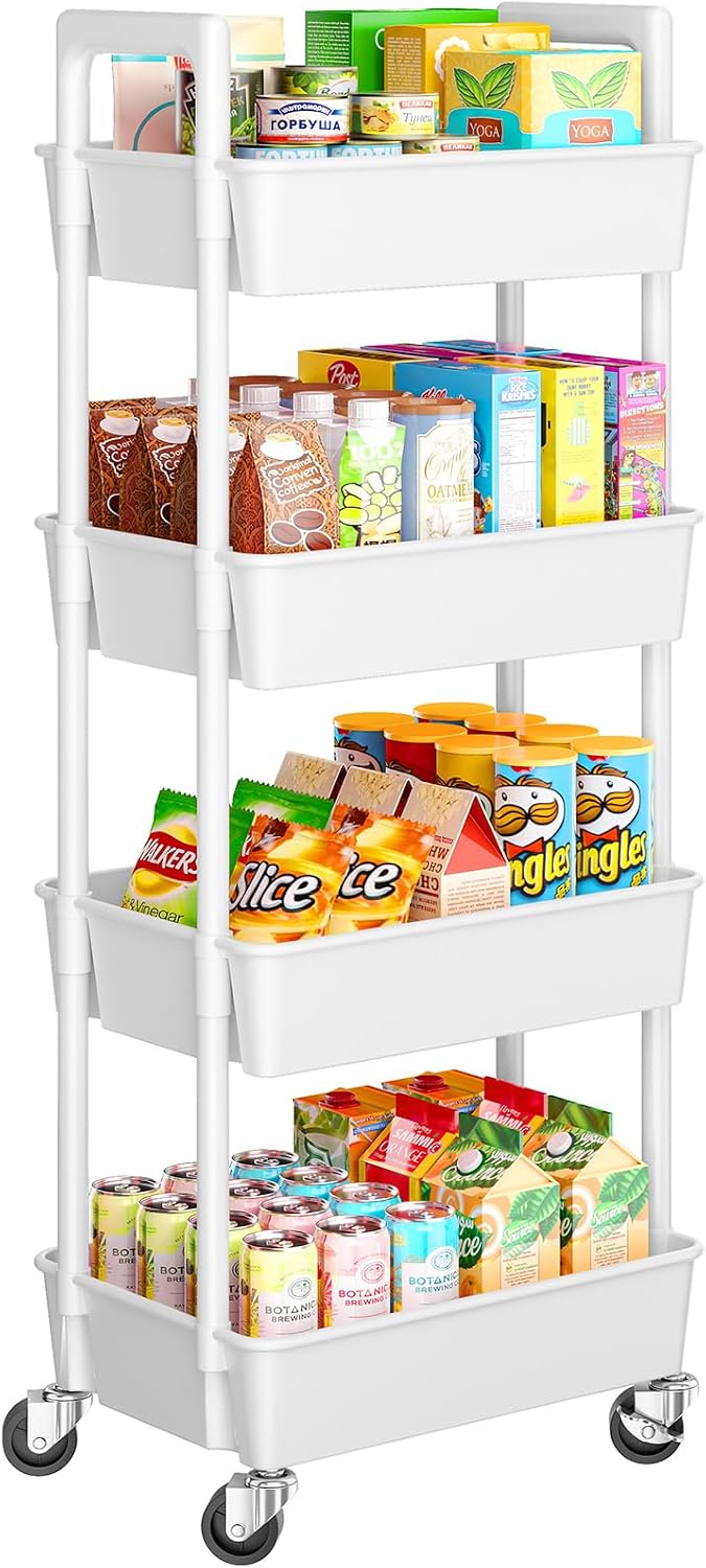 Pipishell 3 Tier Rolling Cart Organizer, Plastic Rolling Cart with Lockable Wheels & Reinforced Handle, Lightweight Utility Cart Storage Cart for Nursery, Kitchen, Bathroom, Craft Room, White, PIUC14W