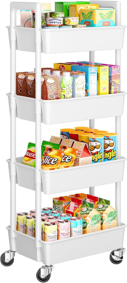 Pipishell 3 Tier Rolling Cart Organizer, Plastic Rolling Cart with Lockable Wheels & Reinforced Handle, Lightweight Utility Cart Storage Cart for Nursery, Kitchen, Bathroom, Craft Room, White, PIUC14W