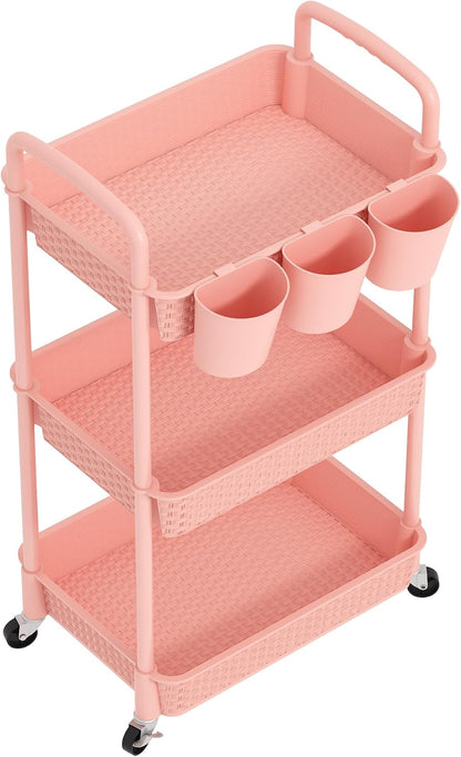 MOYIPIN 3-Tier Plastic Rolling Utility Cart with Handle,Utility Storage Cart for Office, Living Room, Kitchen,Movable Storage Organizer Shelves,White