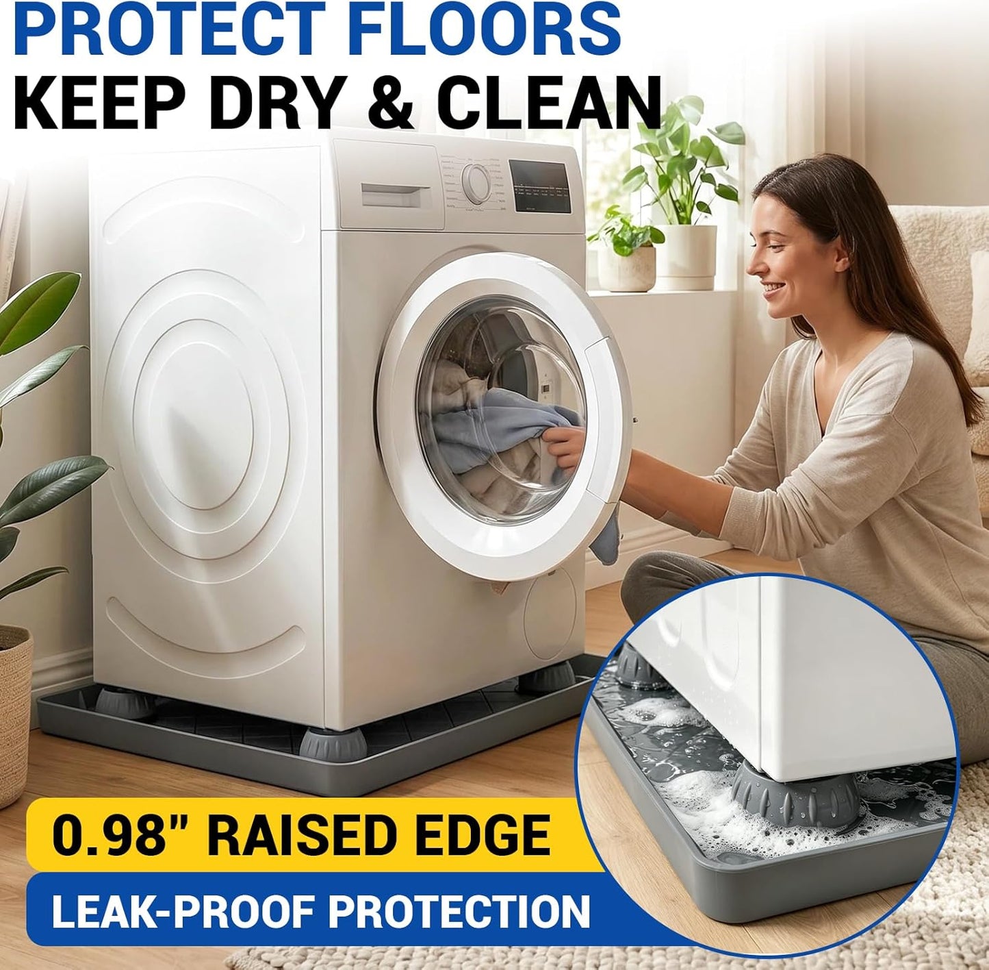32"x31"x1" Washing Machine Drip Pan – Silicone Leak Proof Tray with 4 Anti Vibration Pads, Floor Protection for Washer, Dryer, Refrigerator
