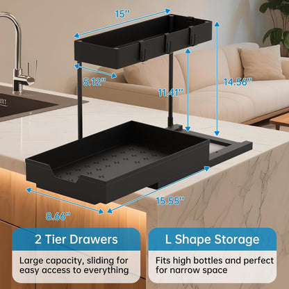 NATURE'S SOURCE 2 Pack Under Sink Organizer 2 Tier Sliding Cabinet Organizers Multi-Purpose Sink Storage Basket L-Shape Narrow Space Storage Shelves with 4 Hook for Kitchen Bathroom Drawer, Black