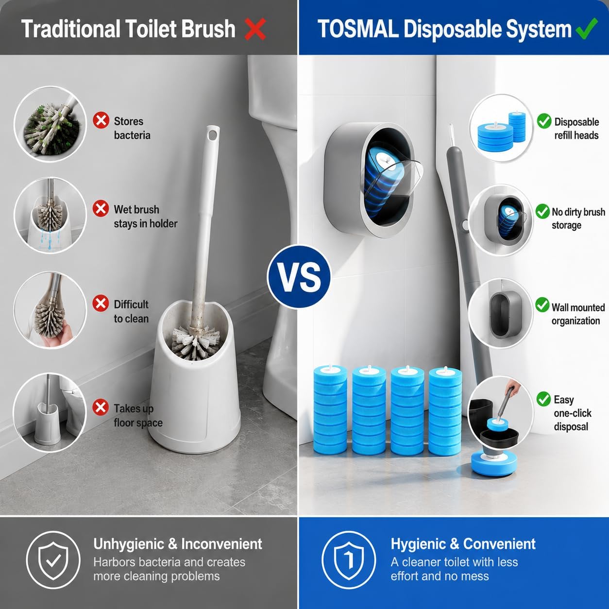 Disposable Toilet Brush with 32 Refills,Wall Mounted Toilet Wand and Holder Set, Deep Bathroom Cleaning Toilet Bowl Cleaner with Storage Holder