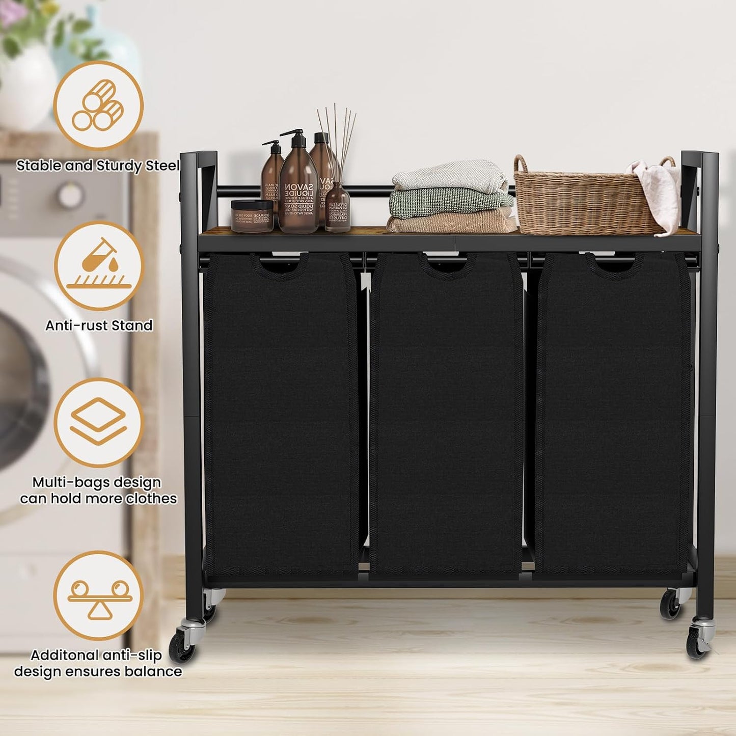 SwaaVee Laundry Sorter, Laundry Hamper 3 Section, 3×11.4Gal, Metal Frame Rolling Laundry Basket with Wooden Top Shelf, Pull out and Removable Laundry Bags, 3 Bags-Gray