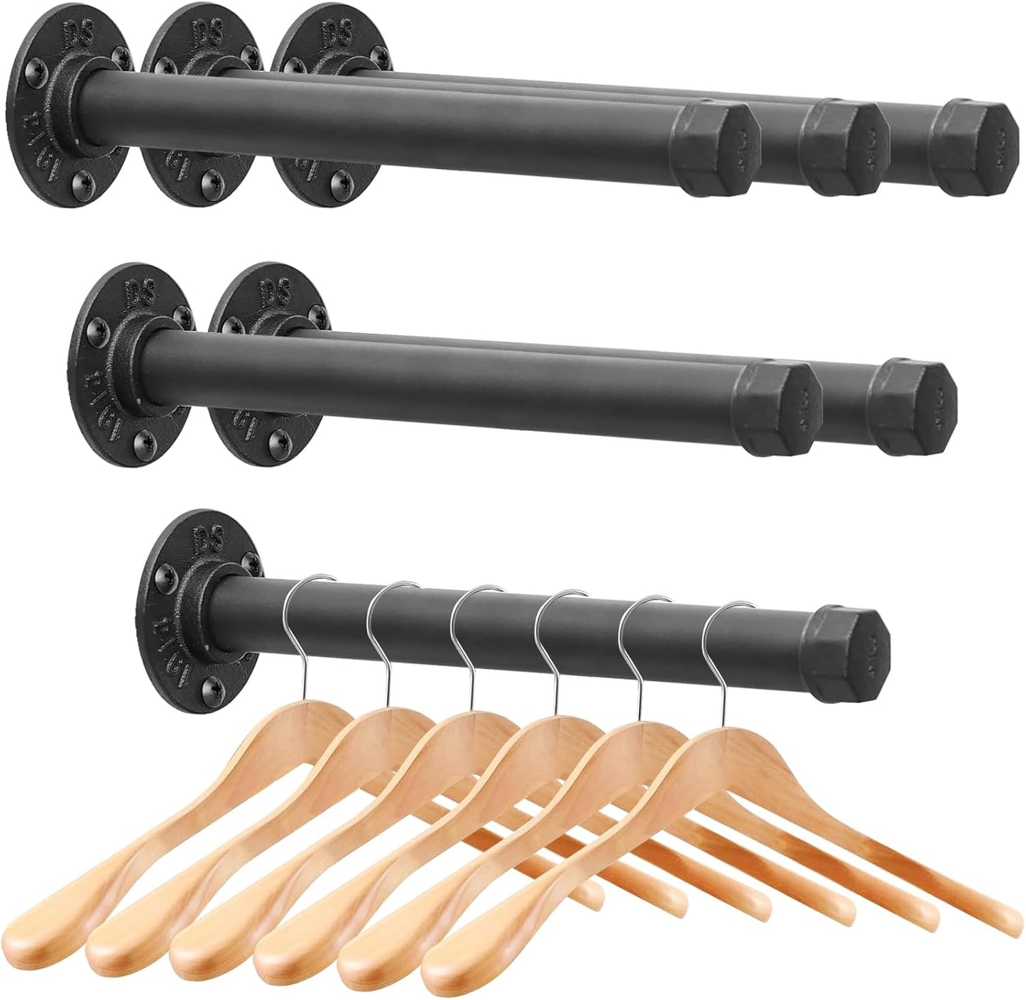 Cast Iron Wall Mounted Clothes Rack, Heavy Duty Industrial Pipe Clothing Rack for Hanging Clothes, Garment Racks for Wardrobe Organizers and Storage, DIY Closet Rods Closet Bar (Black 2 Pack, 12 in)