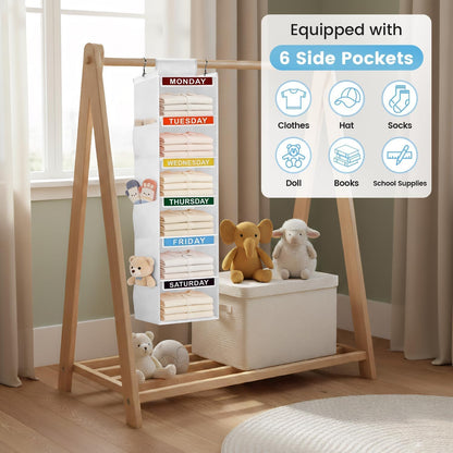 Weekly Clothes Organizer for Kids, 5-Shelf Kid Hanging Closet Organizer w/ 6 Side Pockets, Labeled Weekly Outfit Organizer for Kids, Days of The Week Clothes Organizer Monday Through Friday White